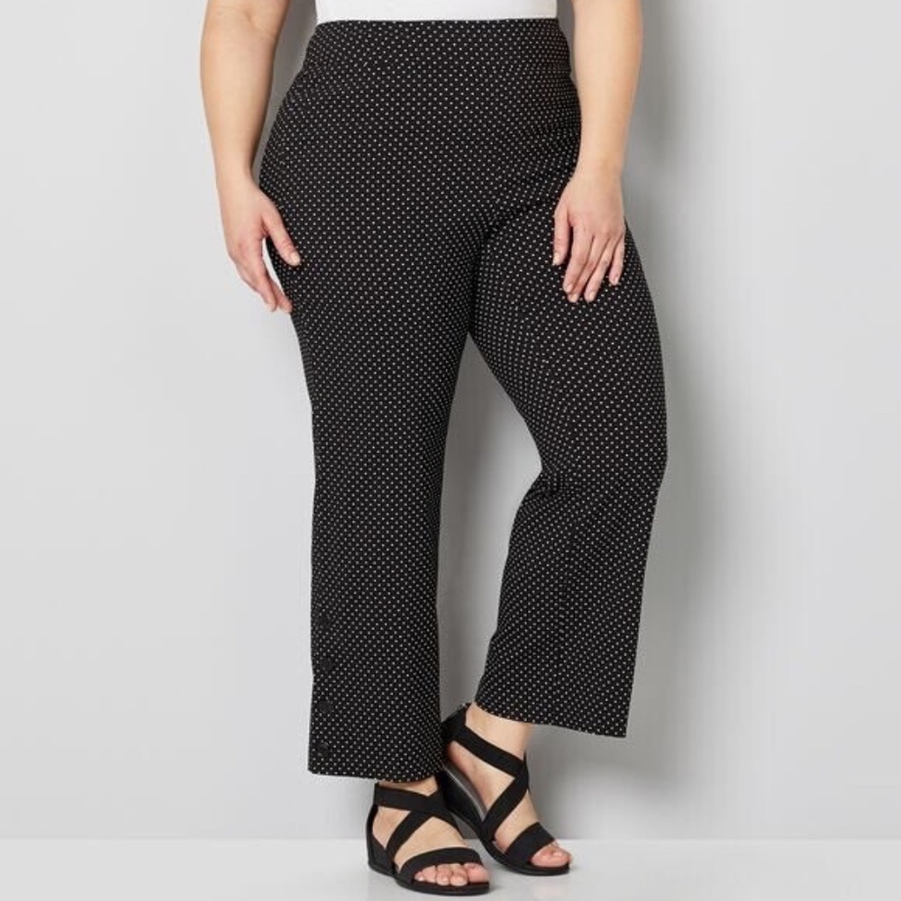 Avenue Super Stretch Ankle Button Trouser Black with White Dots Plus Size NWT